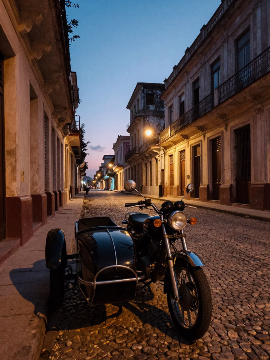 Vintage Motorcycle in Havana at The Still Hours Before Dawn Light in in Havana, Cuba
