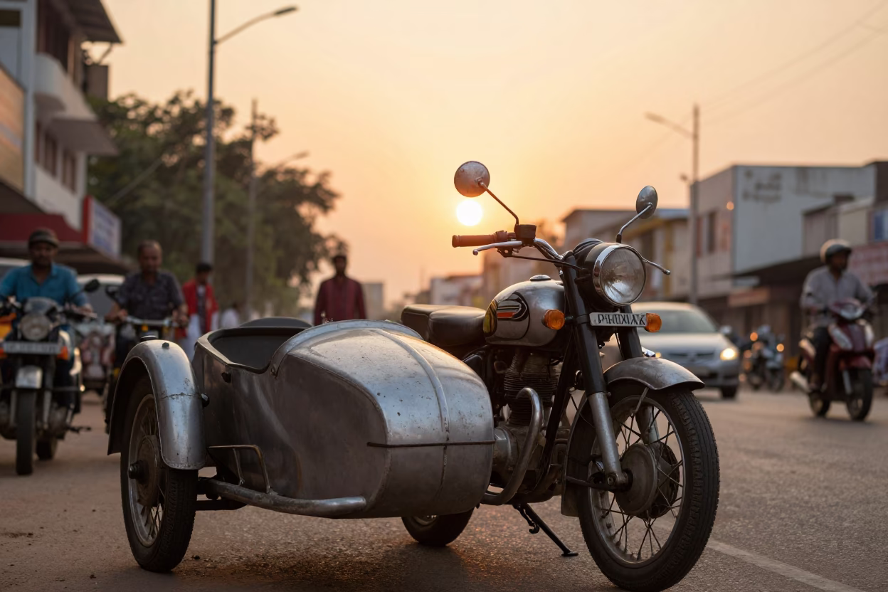 Vintage Motorcycle in Hyderabad at As The Sun Drops Toward The Horizon in in Hyderabad, India