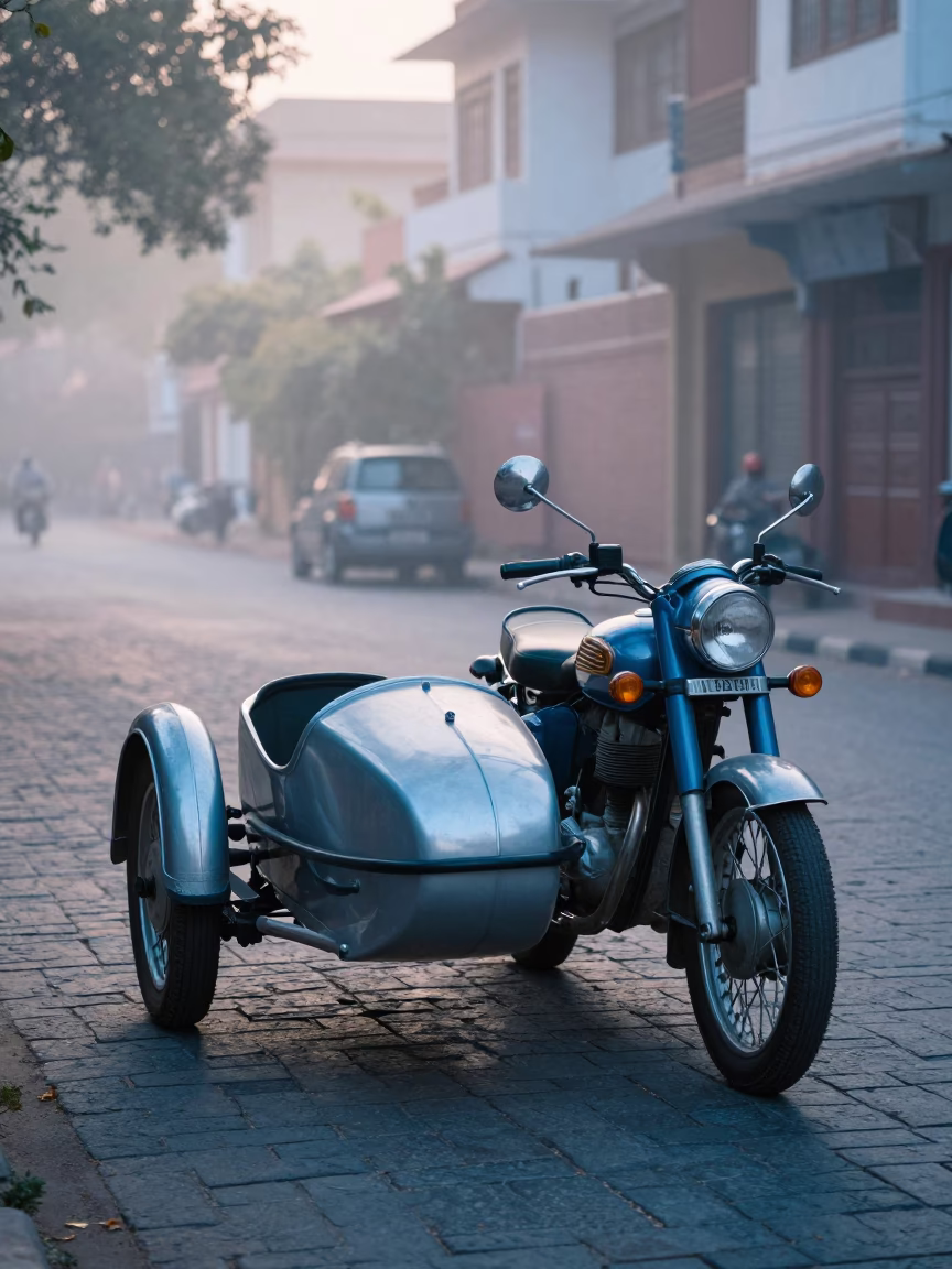 Vintage Motorcycle in Jaipur at Sunrise Light in in Jaipur, India