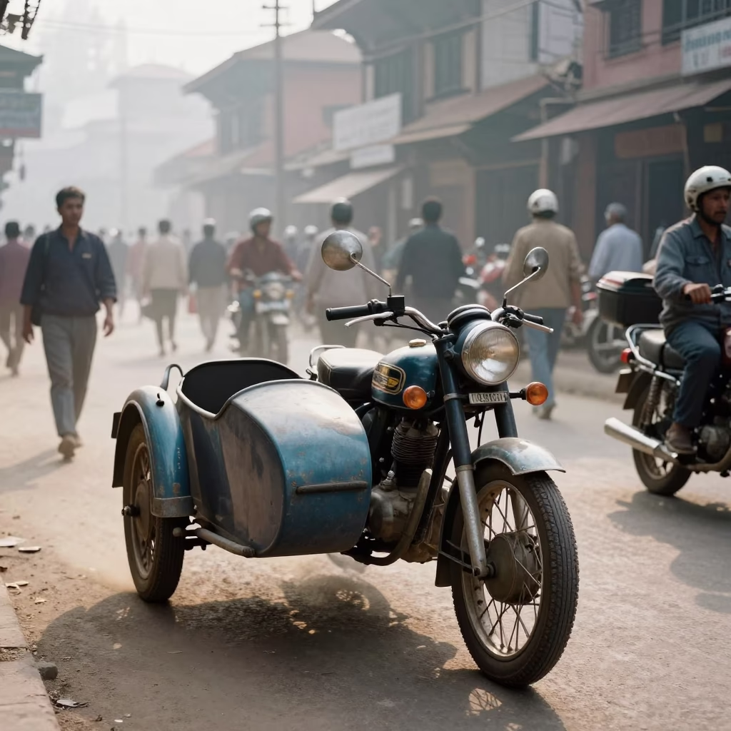 Vintage Motorcycle in Kathmandu at The Late Morning Light in in Kathmandu, Nepal