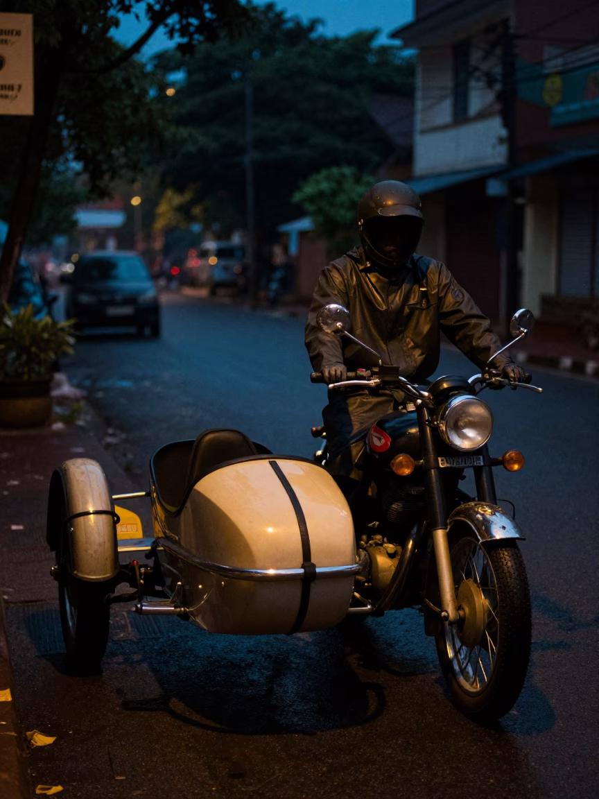 Vintage Motorcycle in Kochi at The Predawn Darkness Light in in Kochi, India