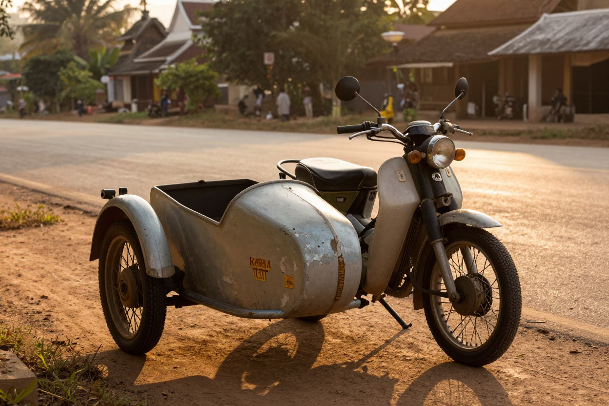 Vintage Motorcycle in Luang Prabang at Sunset Light in in Luang Prabang, Laos