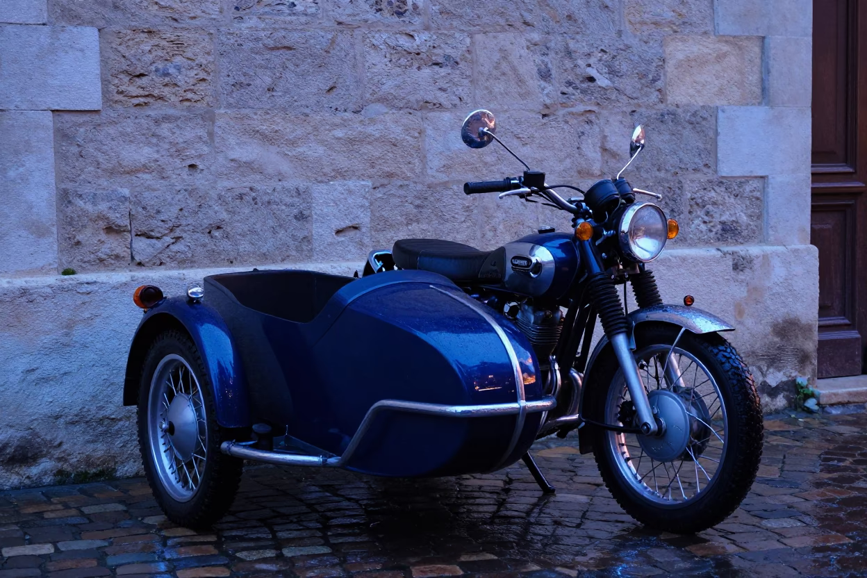 Vintage Motorcycle in Lyon at Blue Hour in in Lyon, France