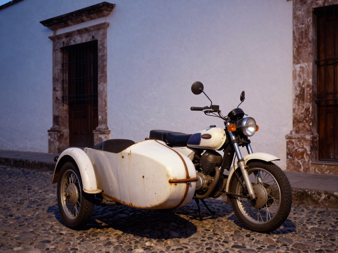 Vintage Motorcycle in Merida at Indigo Twilight After Sunset in in Merida, Mexico