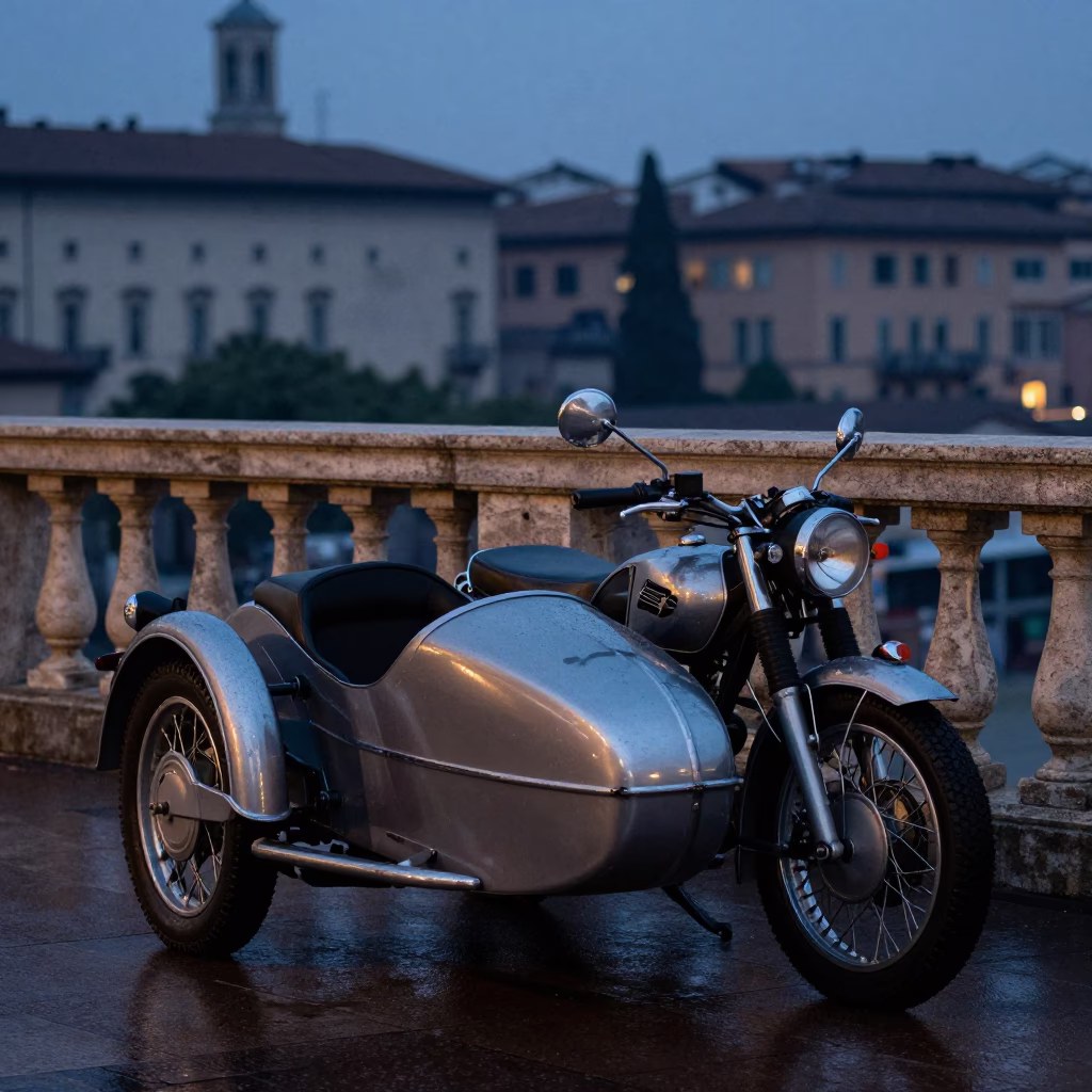 Vintage Motorcycle in Milan at The Still Hours Before Dawn Light in in Milan, Italy