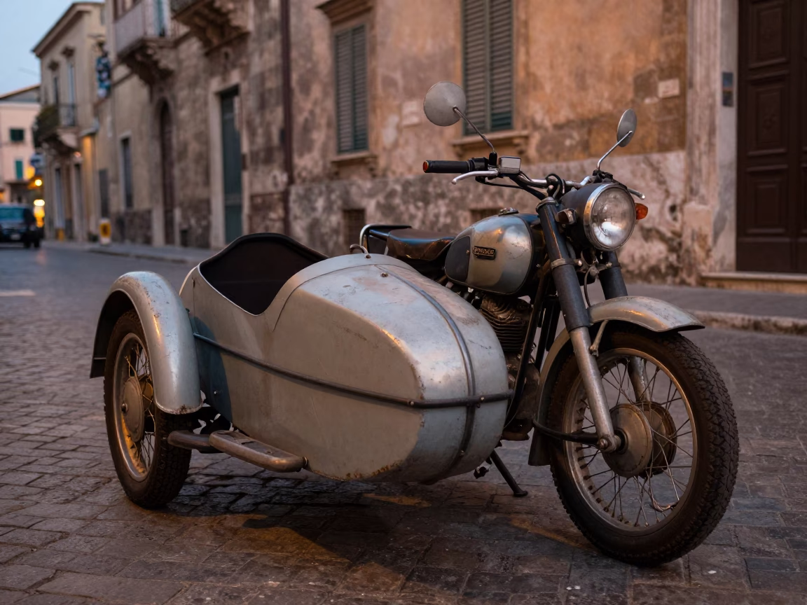 Vintage Motorcycle in Palermo at The Early Evening Light in in Palermo, Italy