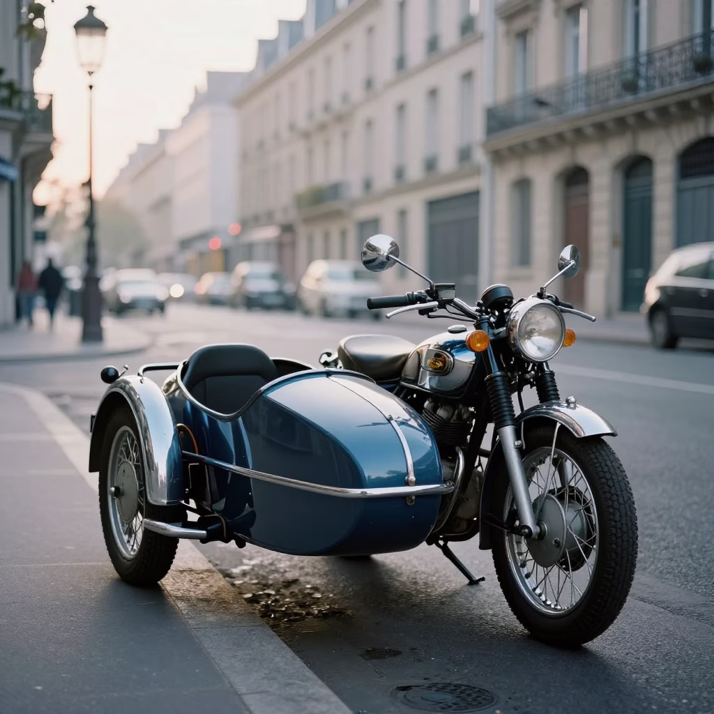Vintage Motorcycle in Paris at As First Light Reaches The Scene in in Paris, France