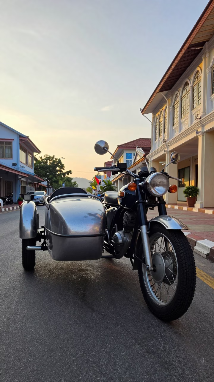 Vintage Motorcycle in Phuket at As First Light Reaches The Scene in in Phuket, Thailand