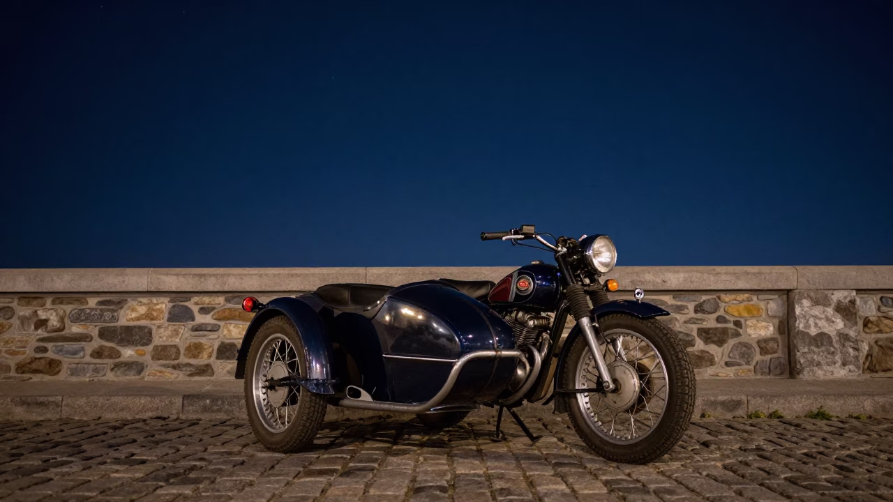 Vintage Motorcycle in Quebec City at The Deepest Night Sky Light in in Quebec City, Quebec, Canada