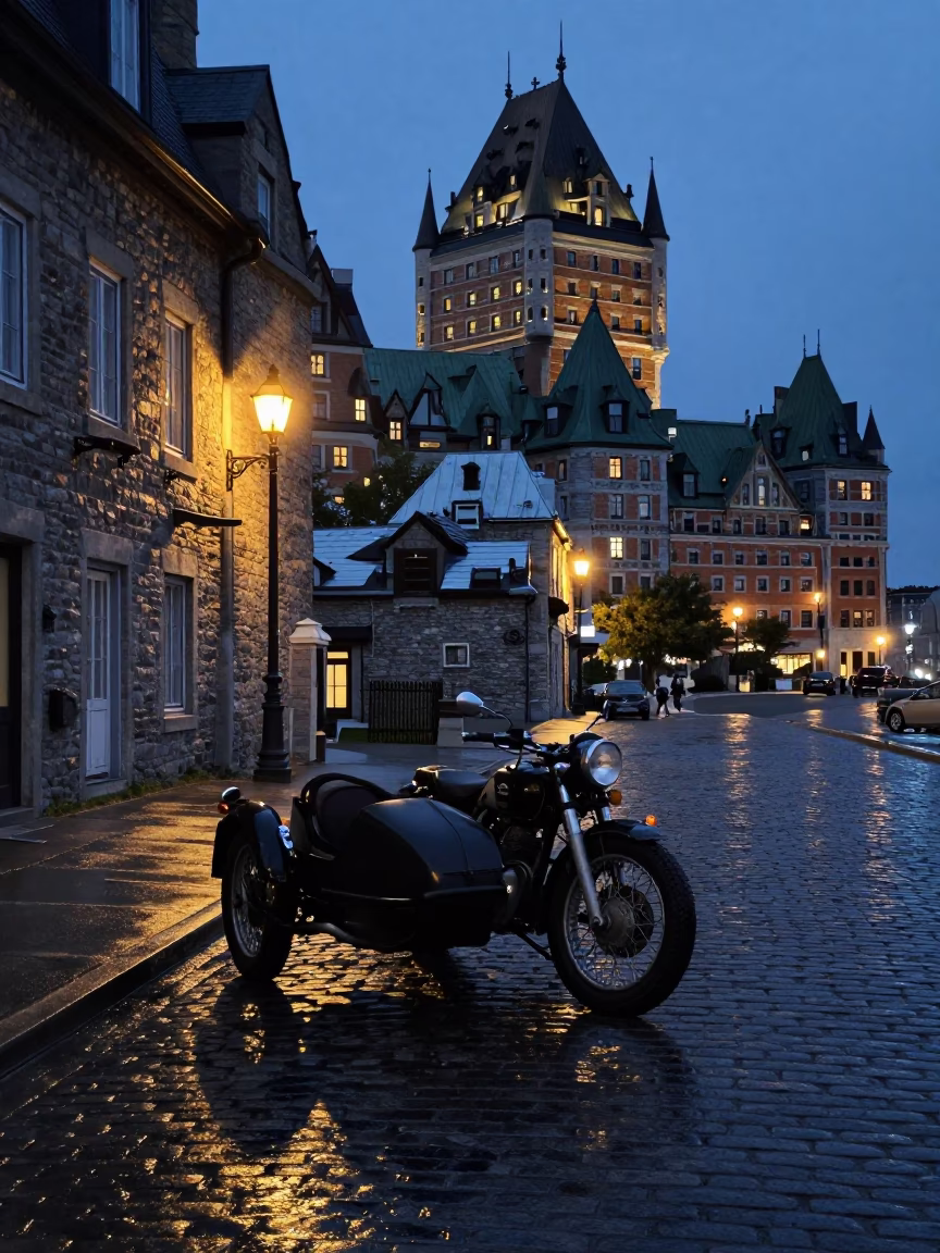 Vintage Motorcycle in Quebec City at The Predawn Darkness Light in in Quebec City, Quebec, Canada