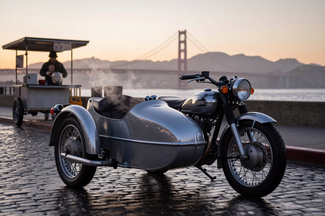 Vintage Motorcycle in San Francisco at Nautical Dawn Light in in San Francisco, California, United States
