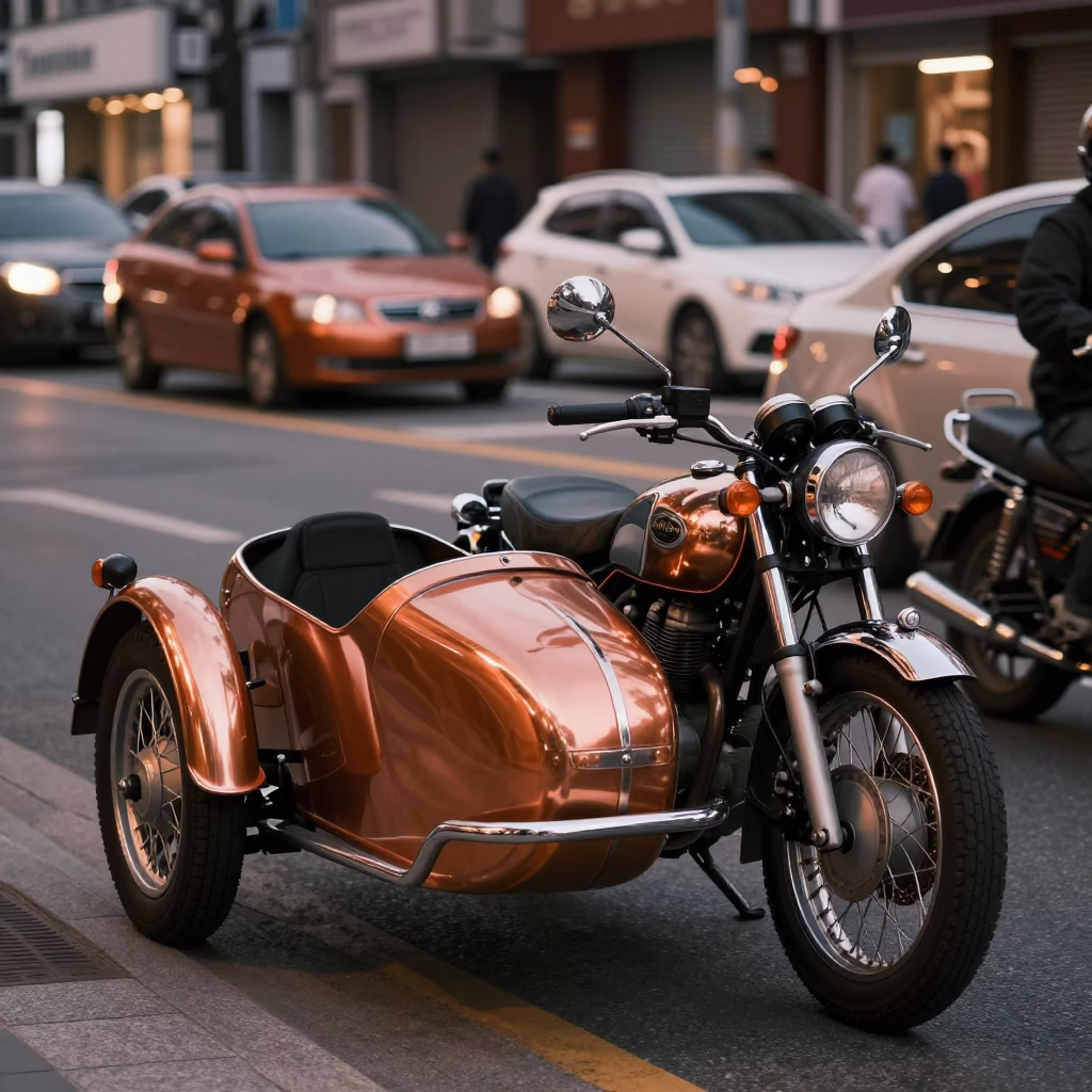 Vintage Motorcycle in Seoul at Copper-toned Light Before Dusk in in Seoul, South Korea