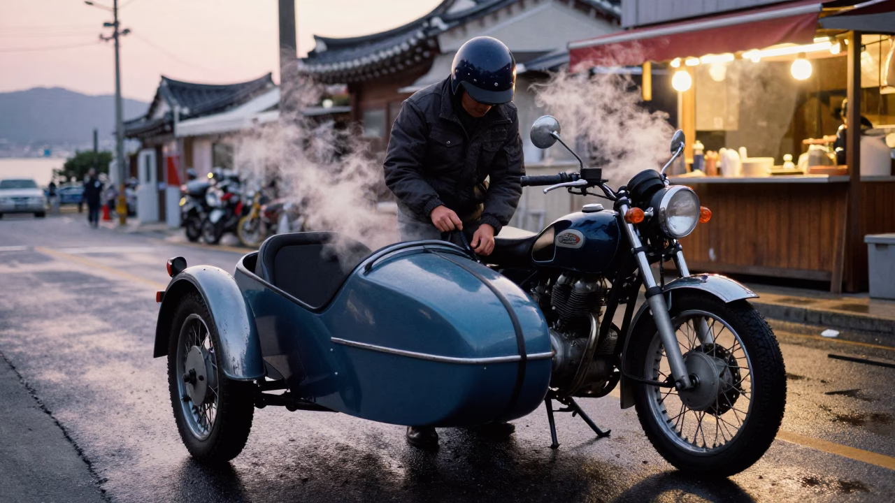Vintage Motorcycle in Seoul at Nautical Dawn Light in in Seoul, South Korea
