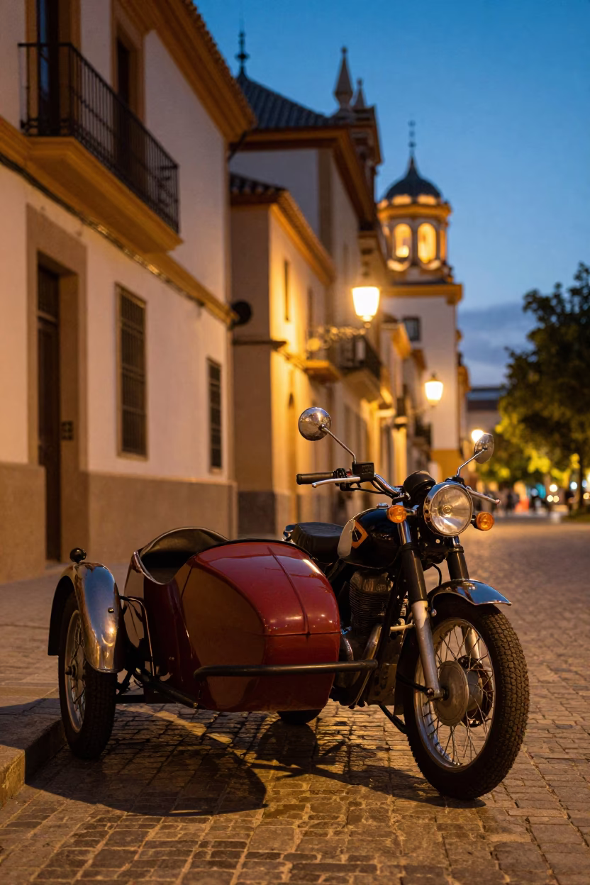 Vintage Motorcycle in Seville at As City Lights Begin To Glow in in Seville, Spain