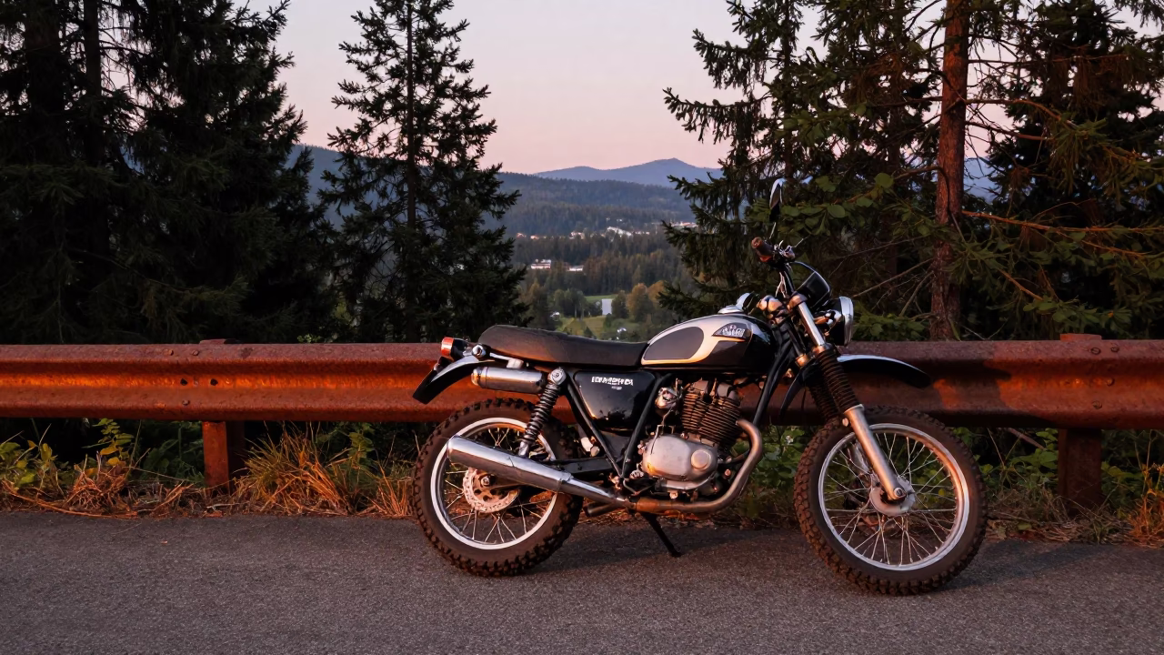 Vintage Motorcycle in Vancouver at Copper-toned Light Before Dusk in in Vancouver, British Columbia, Canada