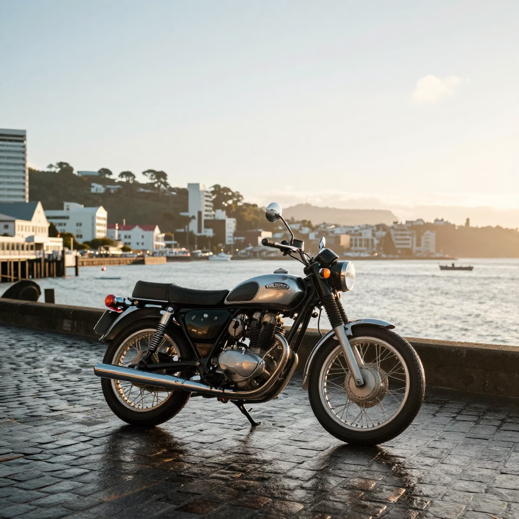 Vintage Motorcycle in Wellington at As First Light Reaches The Scene in in Wellington, New Zealand