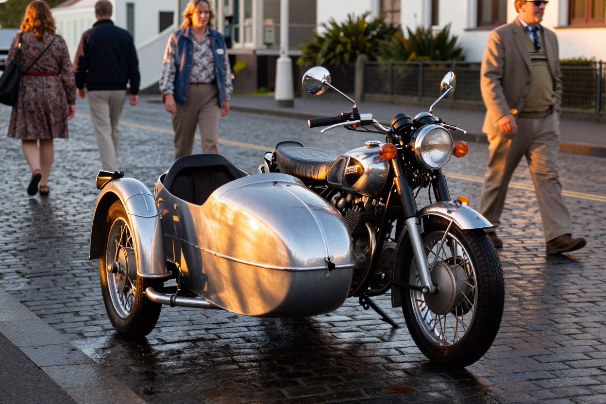 Vintage Motorcycle in Wellington at Honeyed Evening Light in in Wellington, New Zealand