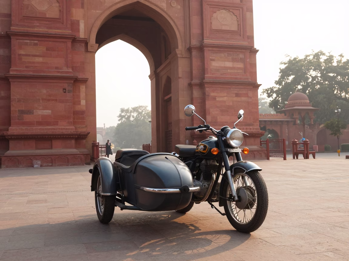 Vintage Motorcycle just after sunrise in Delhi in in Delhi, India