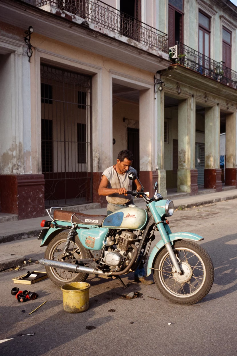 Vintage Motorcycle Repair Scene on Havana Street with Tool Caddies and Broom in in Havana, Cuba