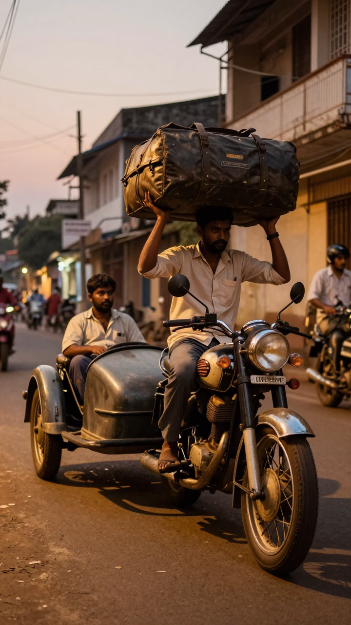 Vintage Motorcycle Sidecar and Baguettes in Chennai Evening Street Scene in in Chennai, India