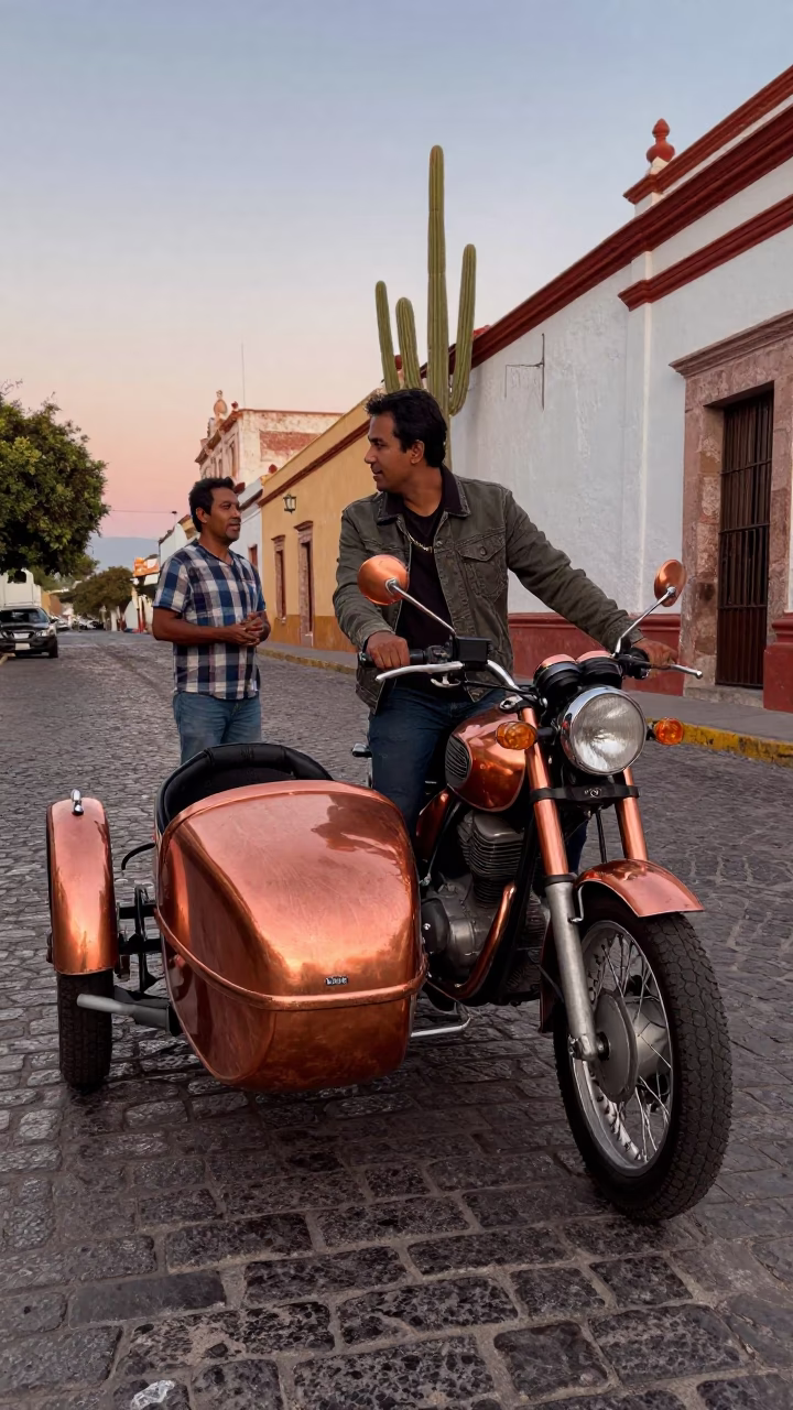 Vintage Motorcycle Sidecar and Barrel Cactus in Merida Mexico Copper Dusk Light in in Merida, Mexico