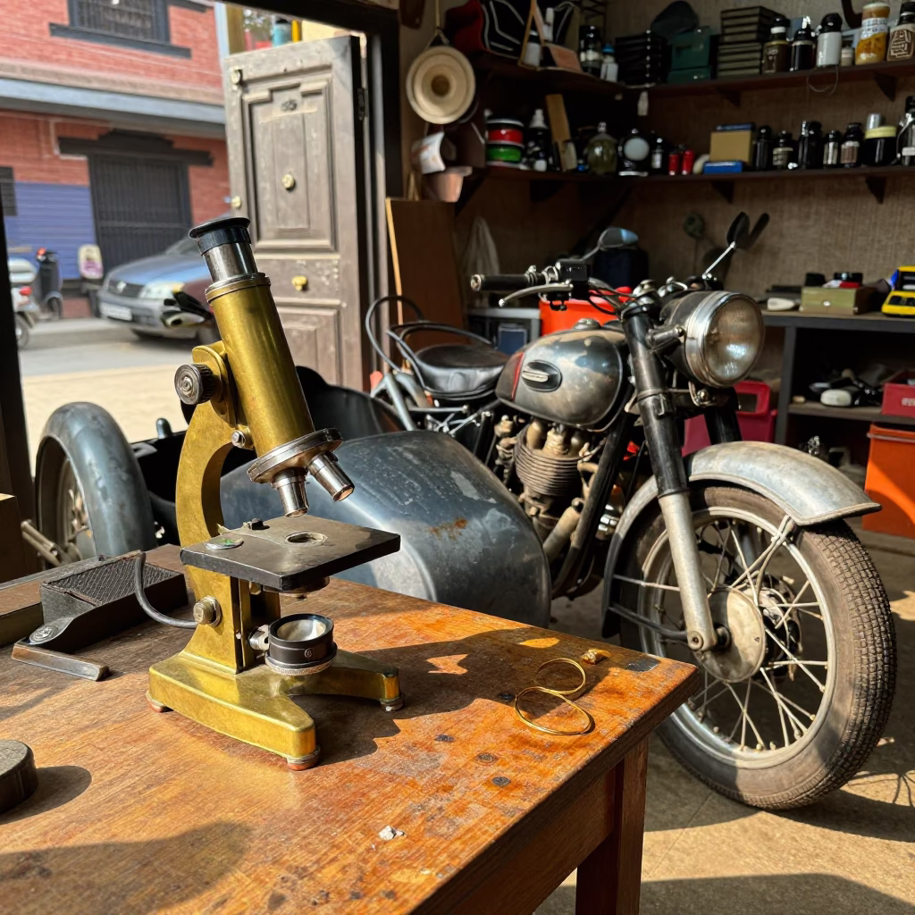Vintage Motorcycle Sidecar and Brass Microscope on Kathmandu Workbench Afternoon Light in in Kathmandu, Nepal