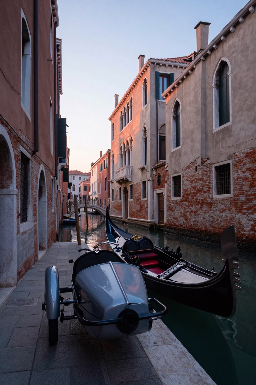 Vintage Motorcycle Sidecar and Canal Gondola in Pre-Dawn Venice Italy Street Photography in in Venice, Italy
