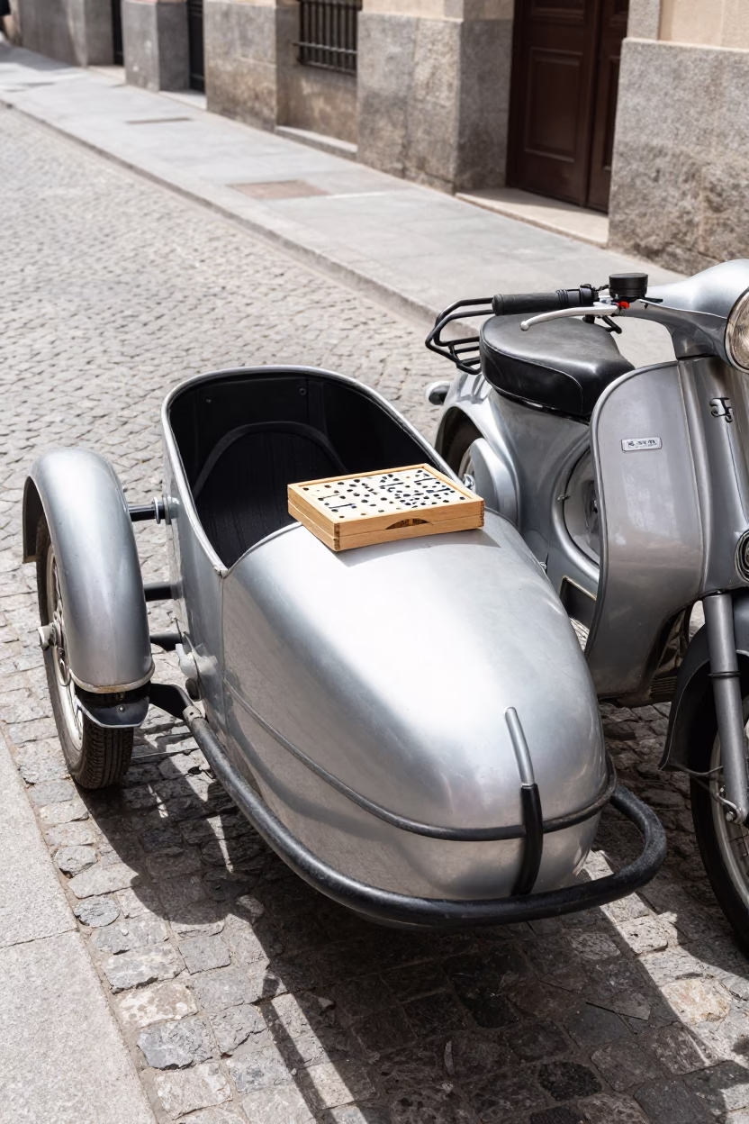Vintage Motorcycle Sidecar and Domino Game in Madrid Spain Midmorning Street Scene in in Madrid, Spain