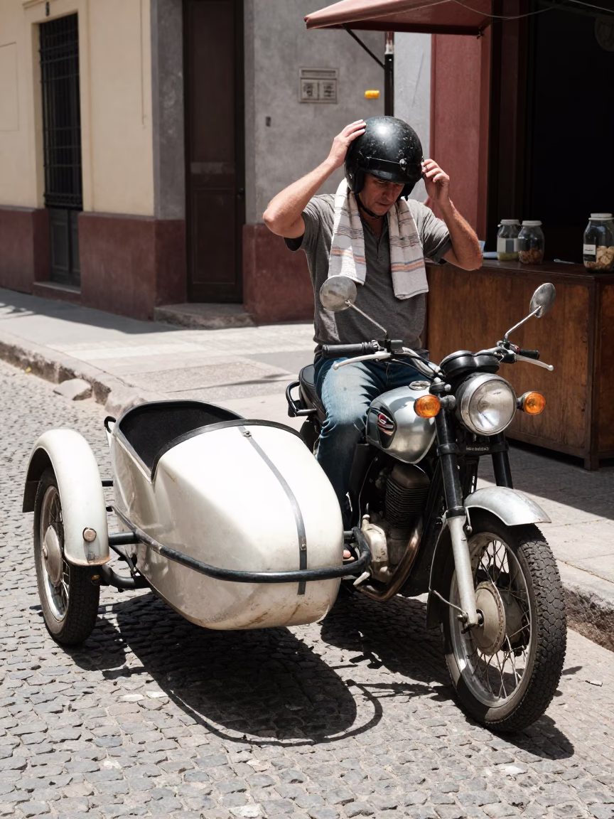 Vintage Motorcycle Sidecar and Glass Jar in Buenos Aires Midday Street Scene in in Buenos Aires, Argentina