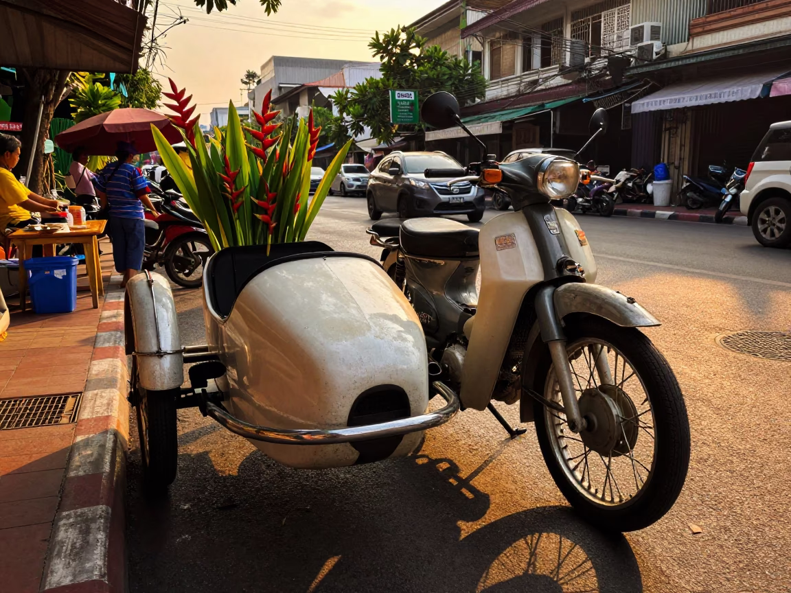 Vintage Motorcycle Sidecar and Heliconia Blooms in Bangkok Golden Hour Street Scene in in Bangkok, Thailand