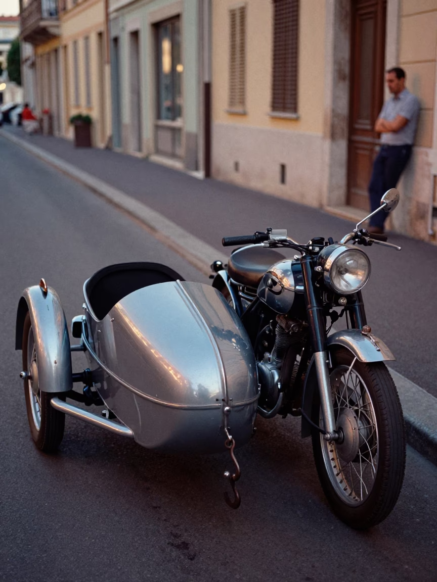Vintage Motorcycle Sidecar and Iron Hook in Early Evening Nice France in in Nice, France
