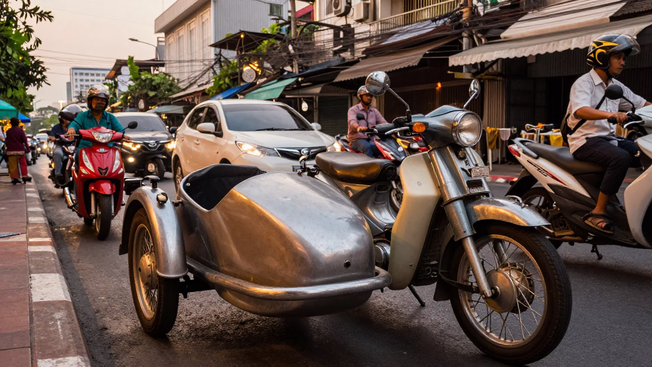Vintage Motorcycle Sidecar and Scooters in Bangkok Early Evening Traffic in in Bangkok, Thailand