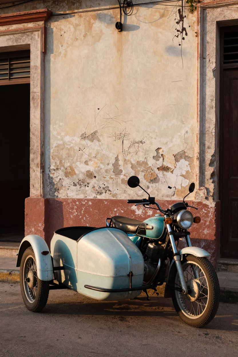 Vintage Motorcycle Sidecar and Scratched Plaster Wall in Havana Cuba Morning Light in in Havana, Cuba