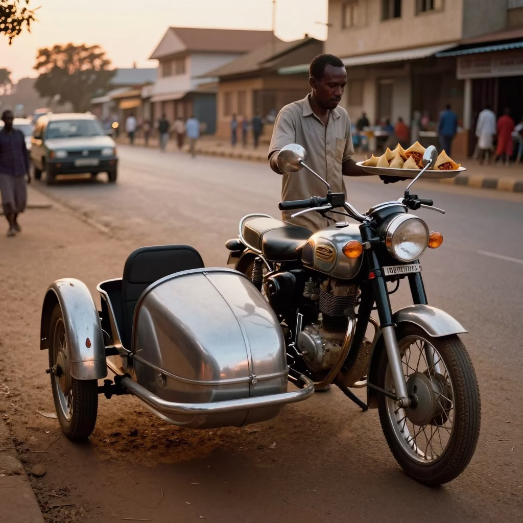 Vintage Motorcycle Sidecar and Street Scene in Nairobi Kenya Evening Light in in Nairobi, Kenya