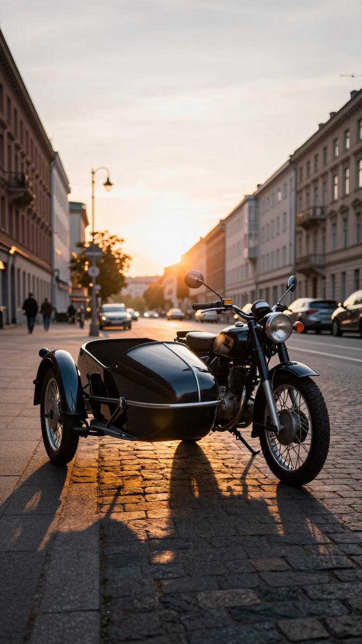 Vintage Motorcycle Sidecar and Urban Berlin Street Scene at Golden Hour in in Berlin, Germany