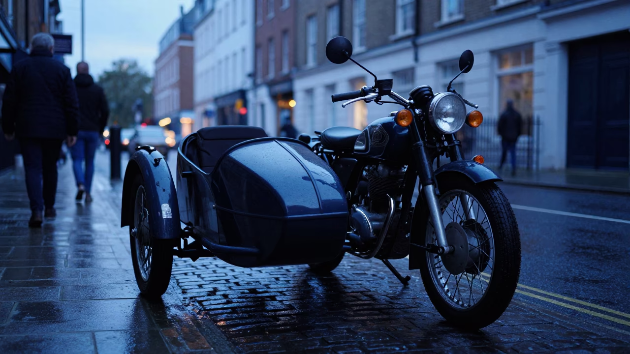 Vintage Motorcycle Sidecar at Blue Hour London Street Scene in in London, United Kingdom