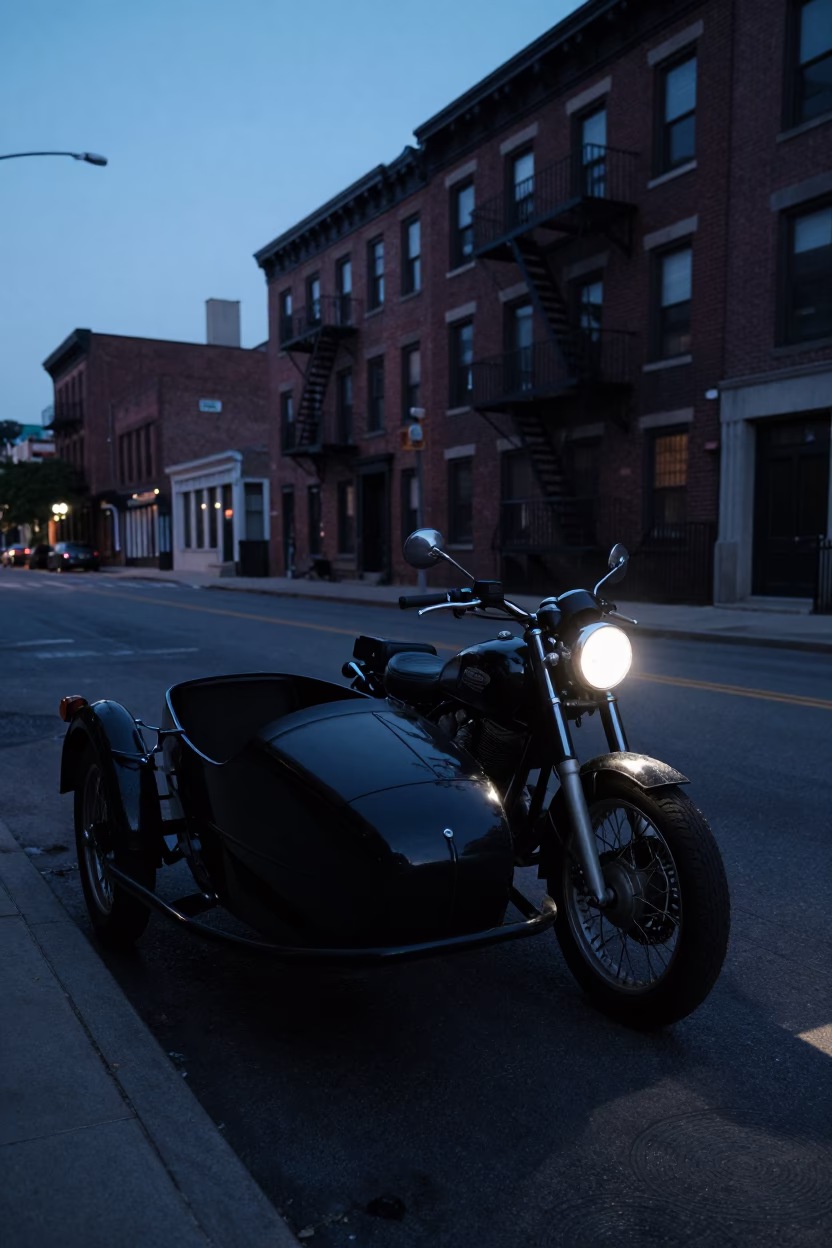 Vintage Motorcycle Sidecar at Dawn on Chicago Street Before Sunrise in in Chicago, Illinois, United States