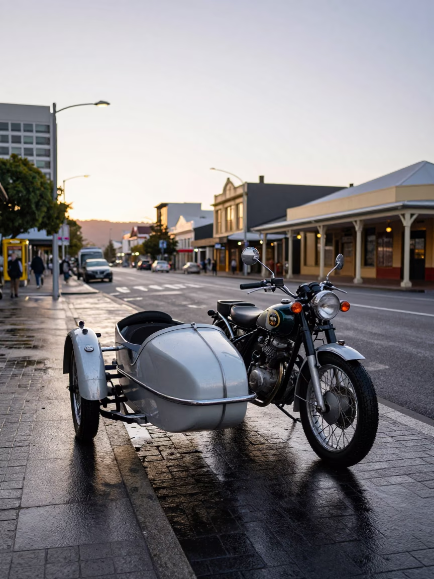 Vintage Motorcycle Sidecar at Nautical Dawn in Hobart Tasmania Street Scene in in Hobart, Tasmania, Australia