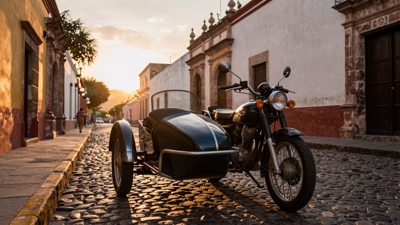 Vintage Motorcycle Sidecar at Sunset in Merida Mexico Street Scene in in Merida, Mexico