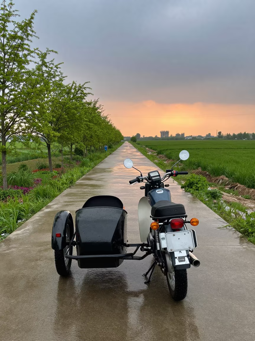 Vintage Motorcycle Sidecar on Chinese Causeway in on a wind-open causeway in China