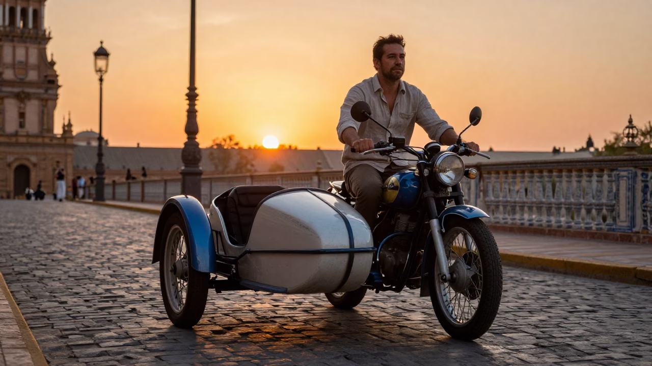 Vintage Motorcycle Sidecar Driver Navigating Seville Sunset Cobblestone Streets in in Seville, Spain