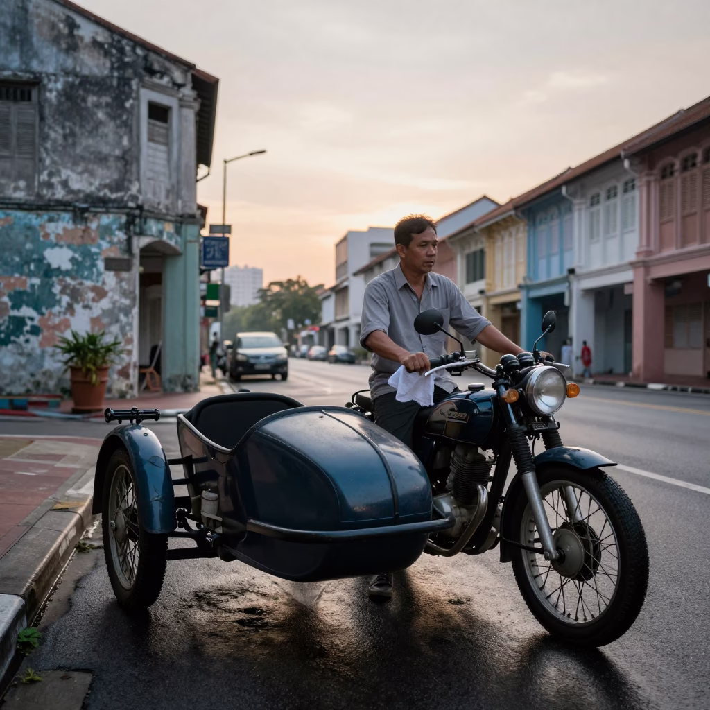 Vintage Motorcycle Sidecar Driver Waiting at Dawn in Singapore Street Scene in in Singapore, Singapore