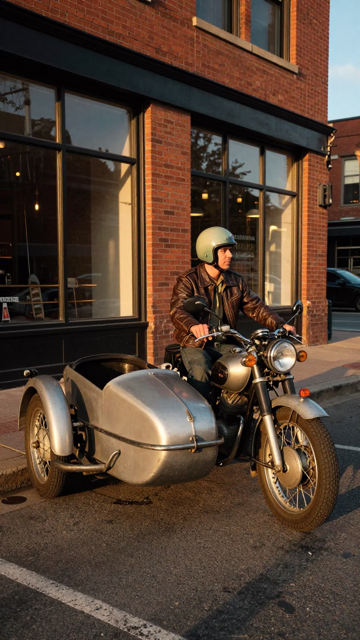 Vintage Motorcycle Sidecar Driver Waiting at Nashville Golden Hour Street Corner in in Nashville, Tennessee, United States