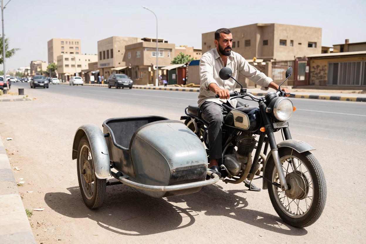 Vintage Motorcycle Sidecar Driver Waiting Under Noon Sun in Cairo Egypt Street Scene in in Cairo, Egypt