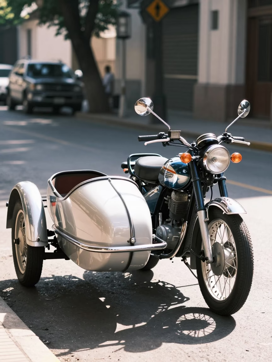 Vintage Motorcycle Sidecar Early Afternoon Light in Buenos Aires in in Buenos Aires, Argentina
