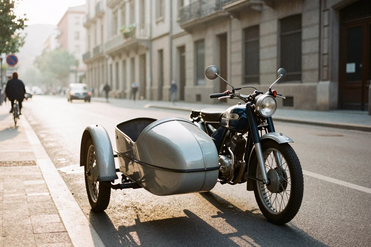 Vintage Motorcycle Sidecar Early Morning Barcelona Street Scene in in Barcelona, Spain