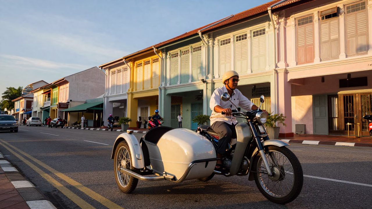 Vintage Motorcycle Sidecar George Town Malaysia Golden Hour Street Scene in in George Town, Malaysia