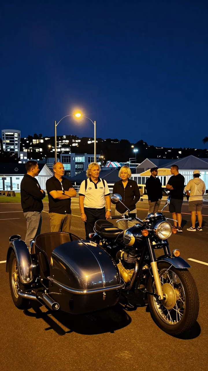 Vintage Motorcycle Sidecar Group Night Scene Wellington New Zealand in in Wellington, New Zealand