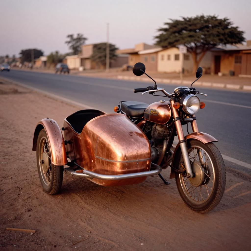 Vintage Motorcycle Sidecar in Dakar Senegal Before Dusk Copper Light Street Scene in in Dakar, Senegal