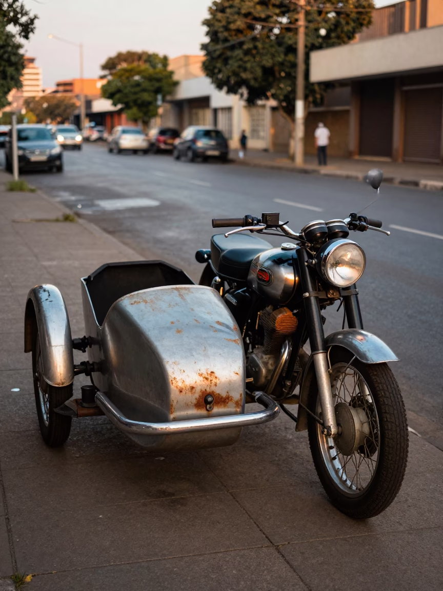 Vintage Motorcycle Sidecar in Johannesburg Early Evening Street Scene in in Johannesburg, South Africa